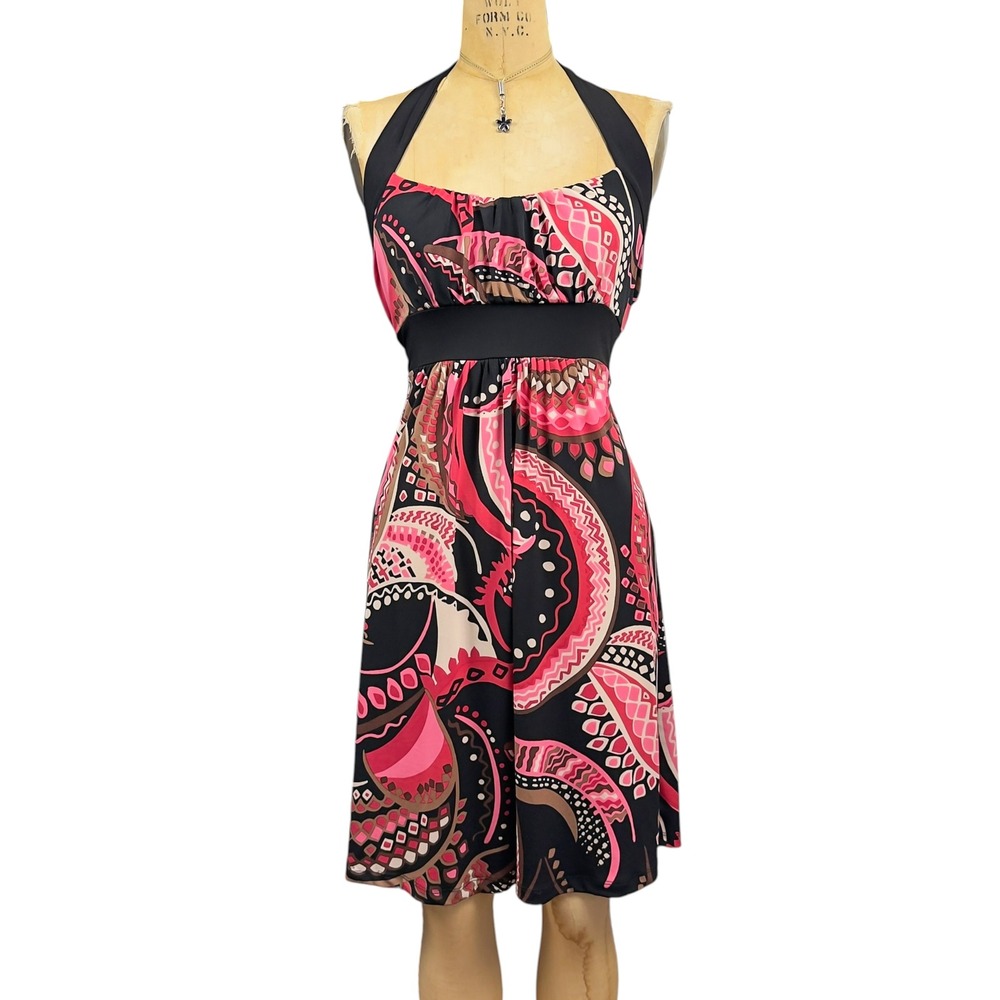 Y2K Retro Paisley Halter Empire Waist Dress Eclectic Psychedelic Party 70s M